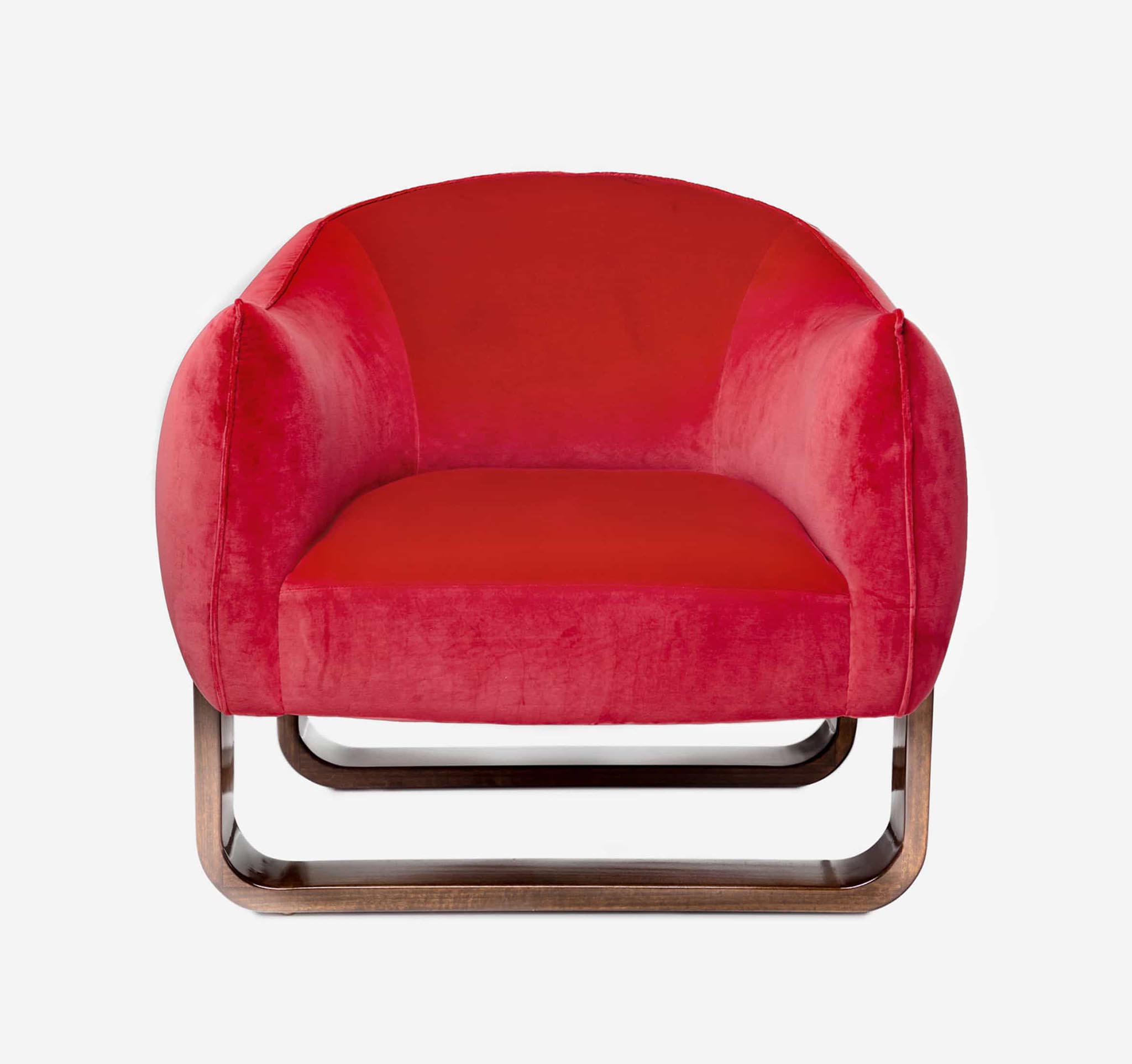contemporary red upholstered chair with bent wood base by Marie Burgos 