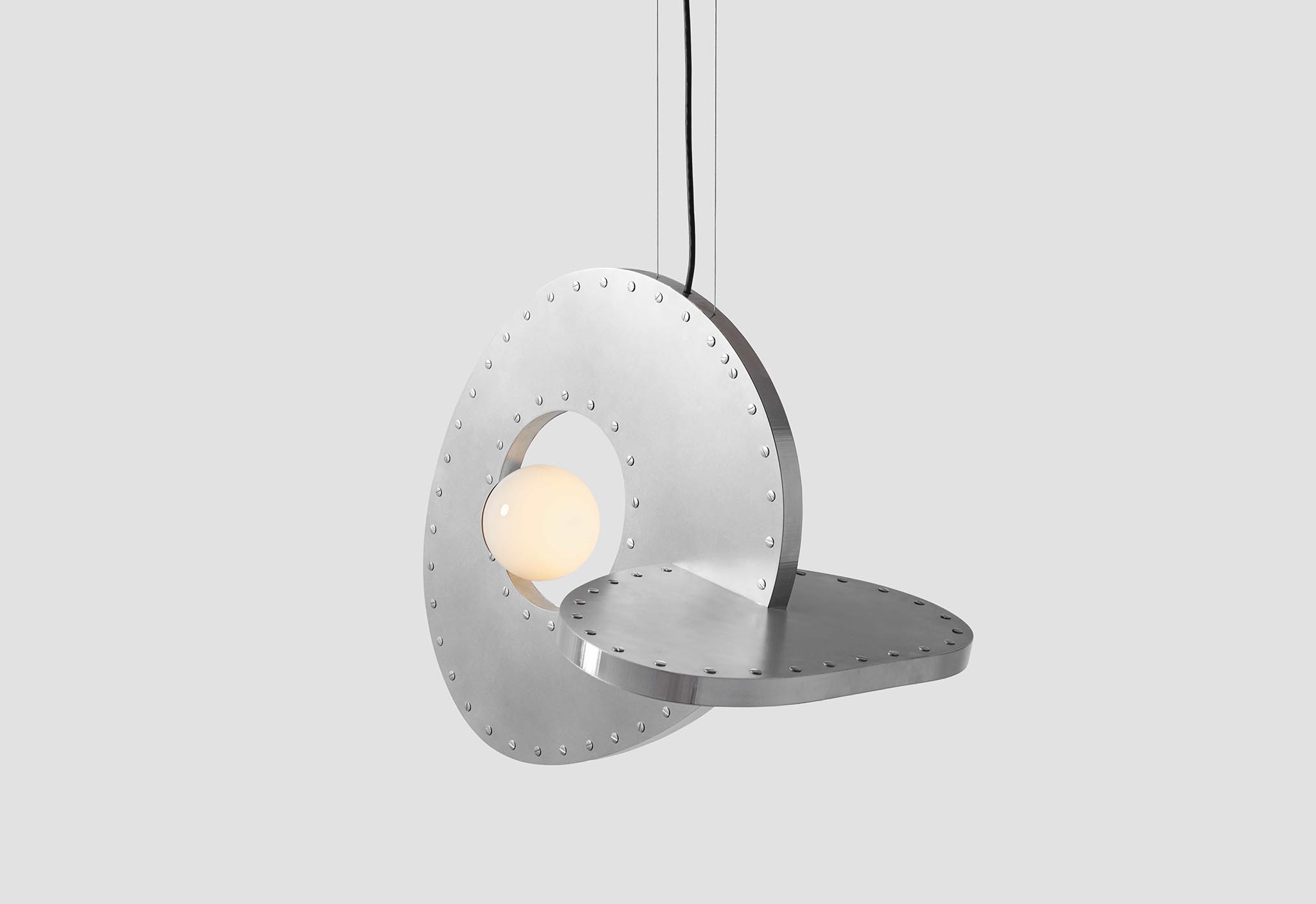hanging lamp, waxed aluminum lumpy futuristic interlocking forms by Rosie Li